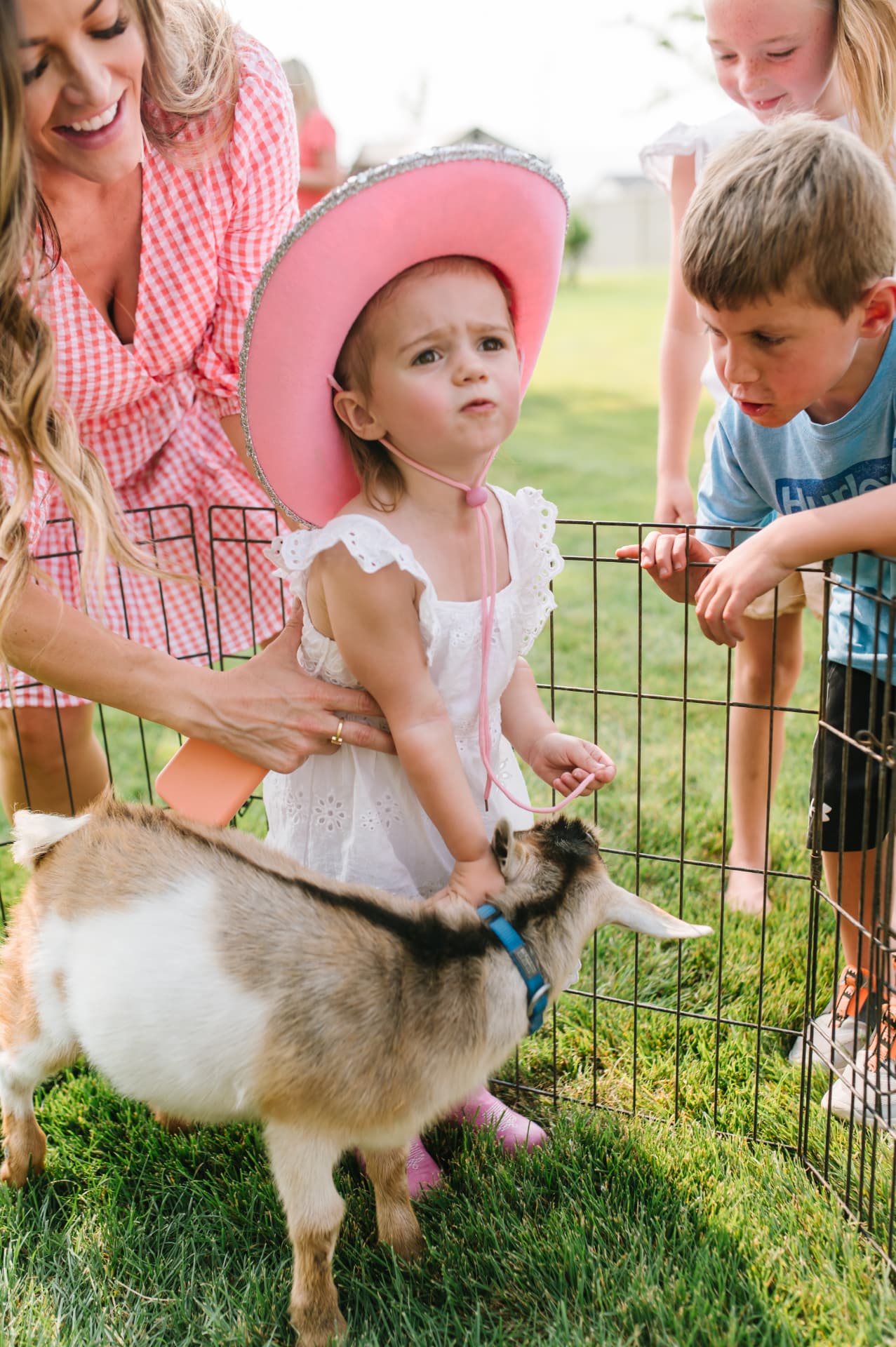 A little girl in a pink cowgirl hat petting a baby goat at her party